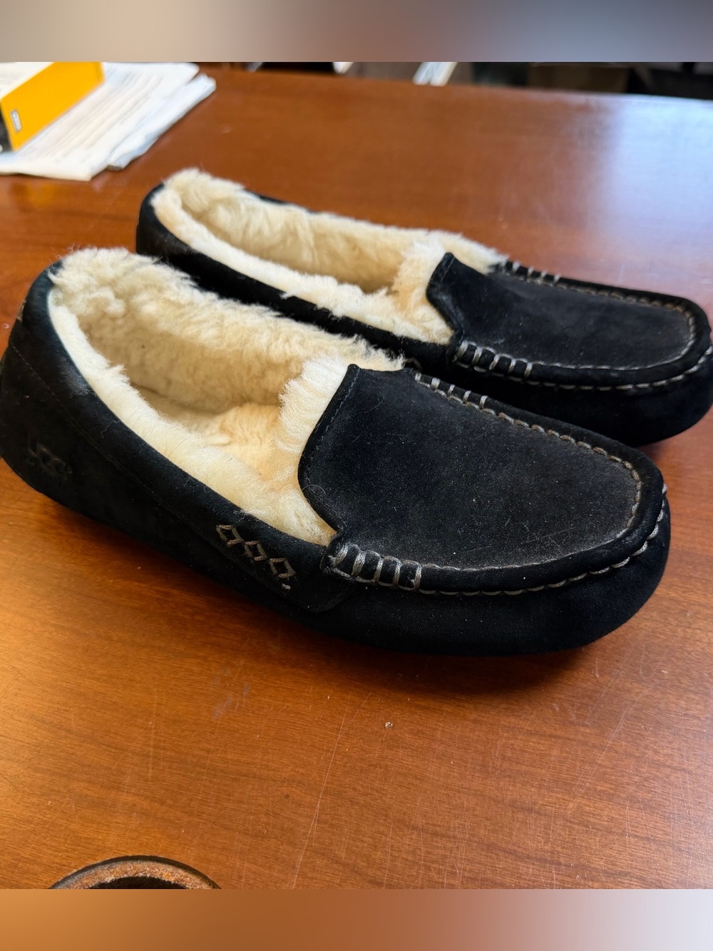 UGG Black Suede Fur-Lined Moccasin Slippers